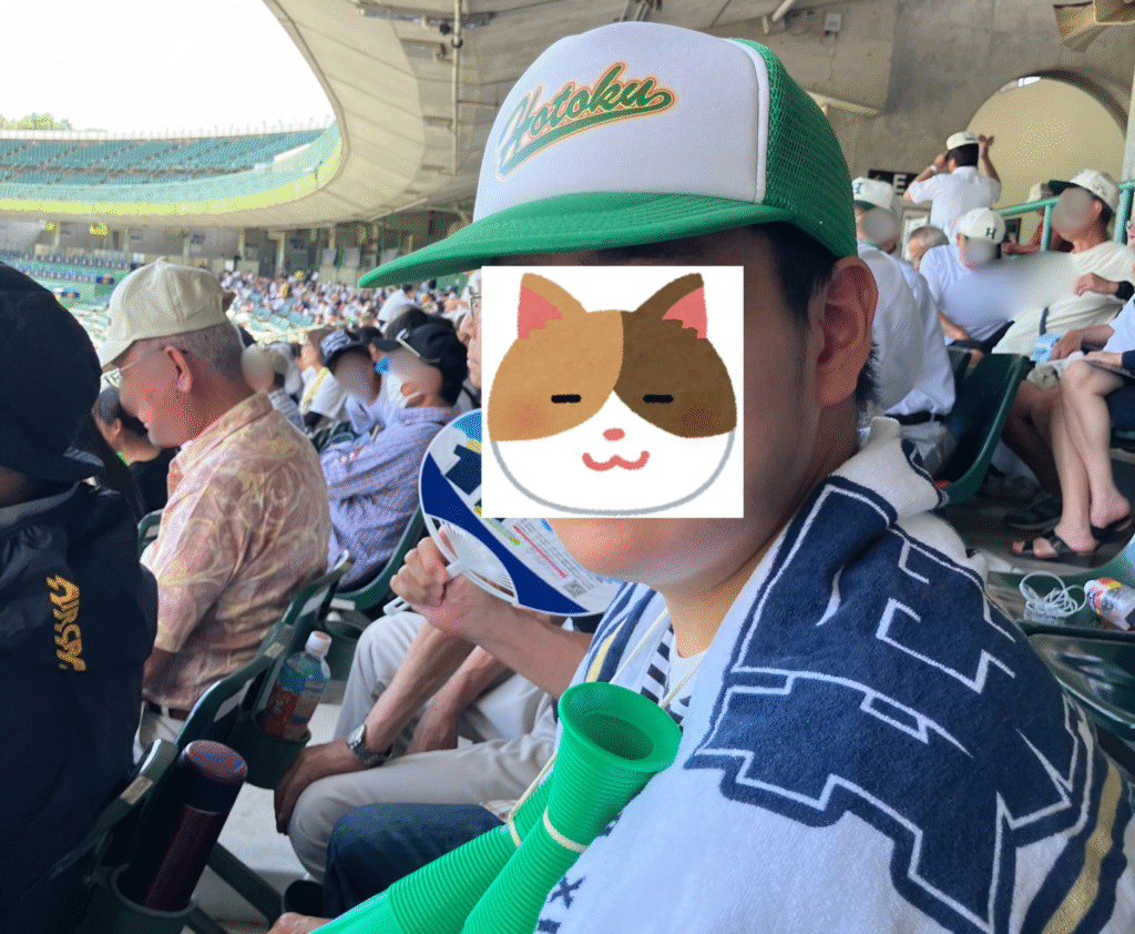 障害児と高校野球観戦するJ君と家族の姿