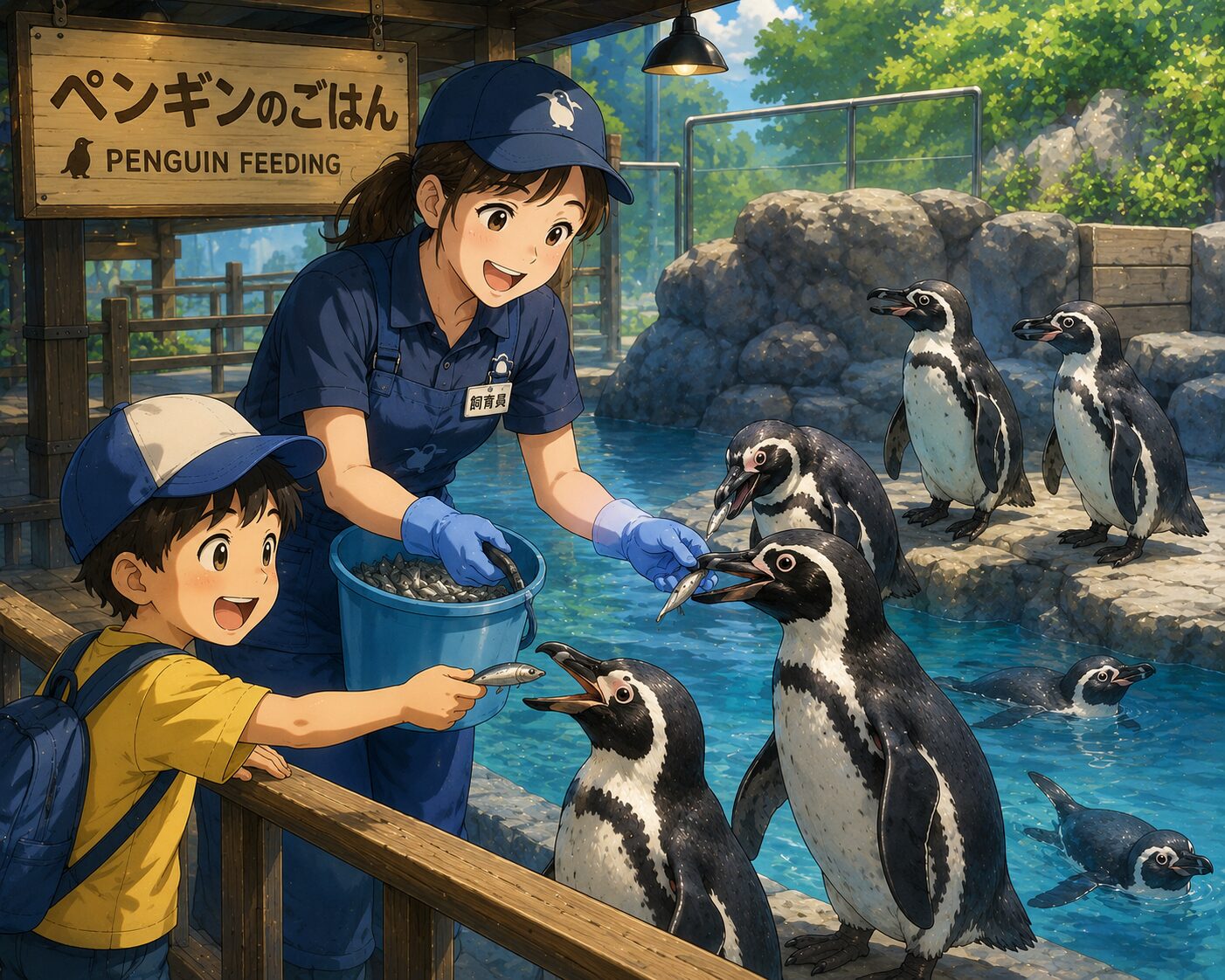 ドリームナイト・アット・ザ・ズー神戸のイメージ｜動物園でペンギンに餌やりをする子どもと飼育員