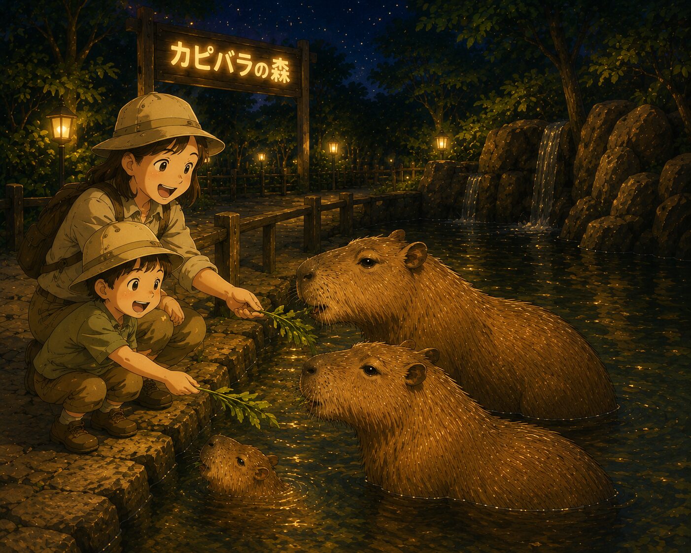 カピバラへのえさやり体験｜夜の動物園