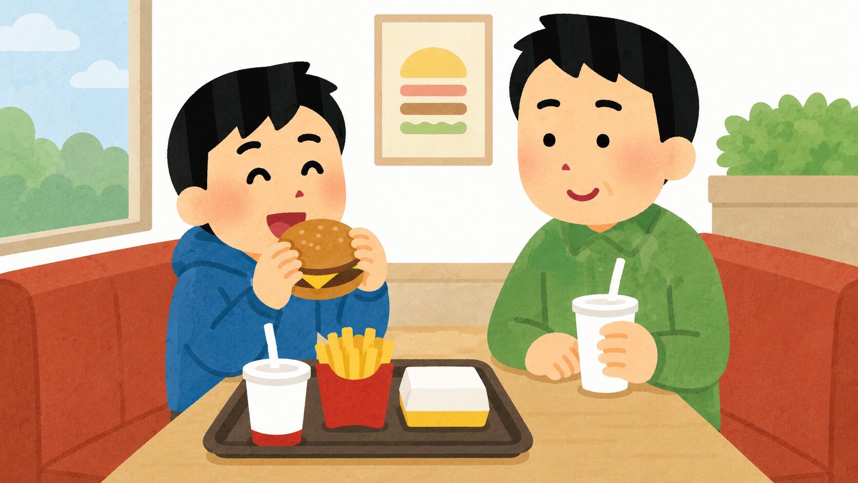 ハンバーガーショップで食事する親子のイラスト｜マクドナルド障害者割引の解説記事