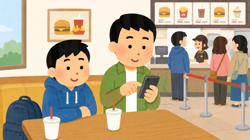 行列に並ばずスマホで注文する親子のイラスト|モバイルオーダー活用