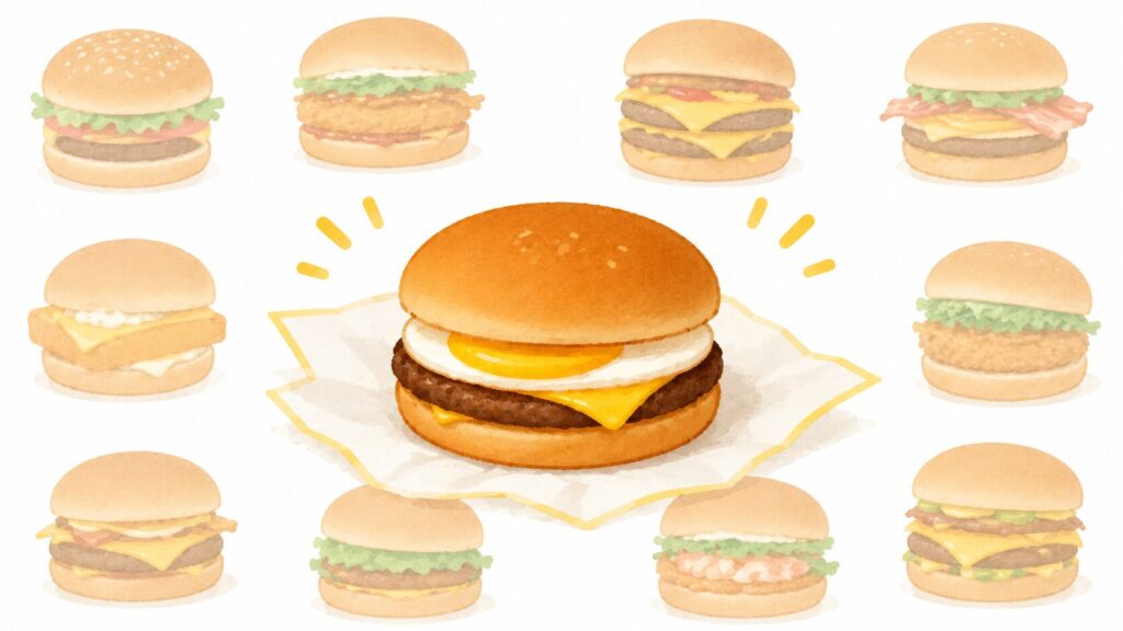 たくさんのハンバーガーの中からいつものエッグチーズバーガーを選ぶイラスト