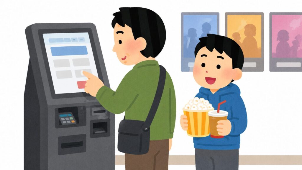 券売機でチケットを買う父とポップコーンを持って待つ息子のイラスト