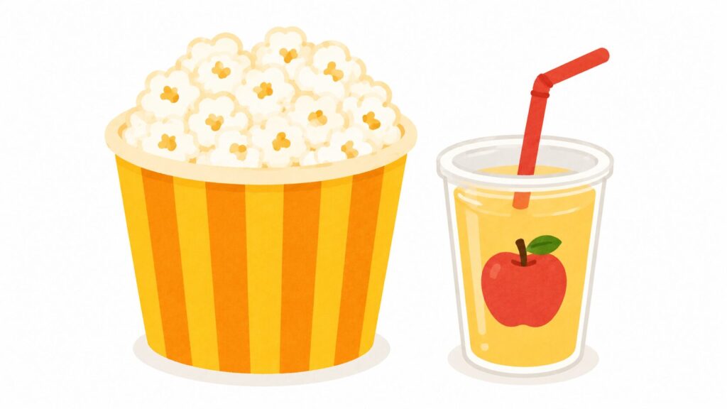 ポップコーンとりんごジュースのイラスト|いつもの映画館セット