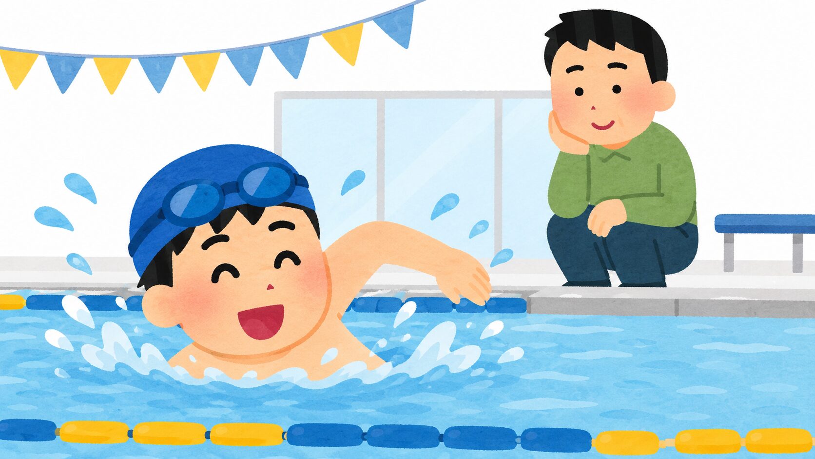 自閉症の息子がプールで笑顔で泳ぐイラスト｜父が見守る水泳シーン