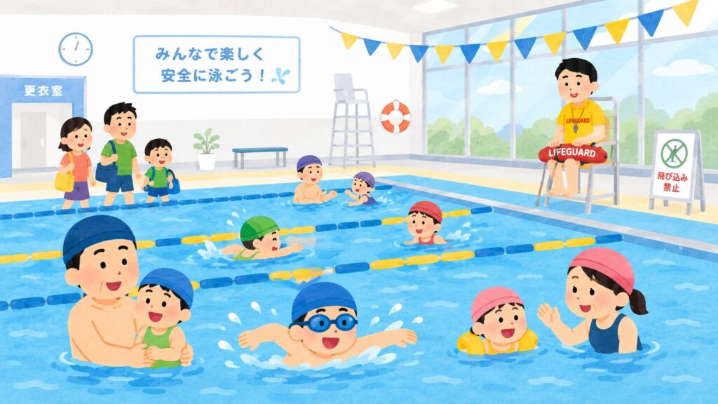 家族で楽しめる屋内プール施設のイラスト