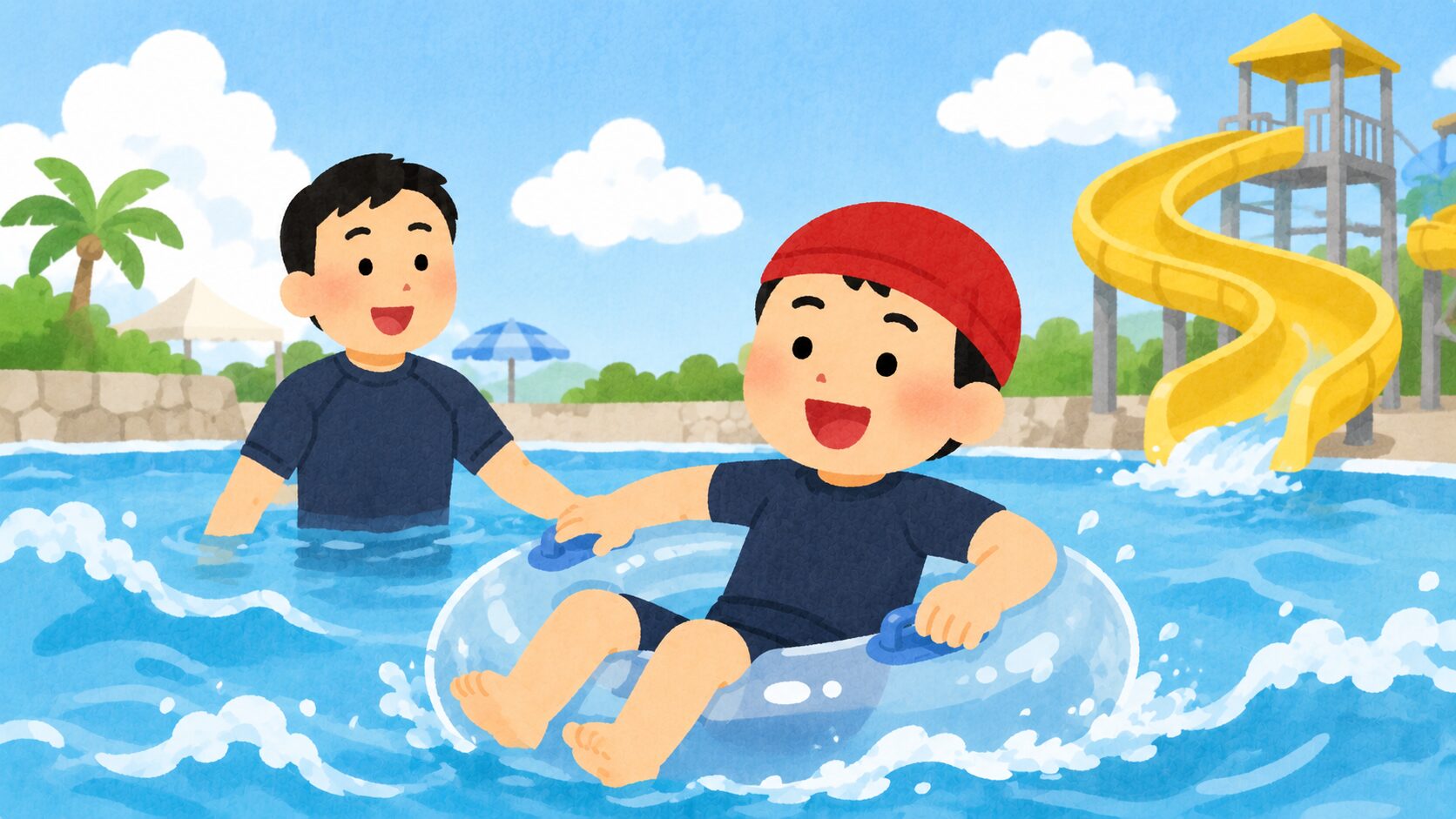 赤い帽子で浮き輪に浮かぶ息子と父のイラスト｜アマラーゴ造波プール