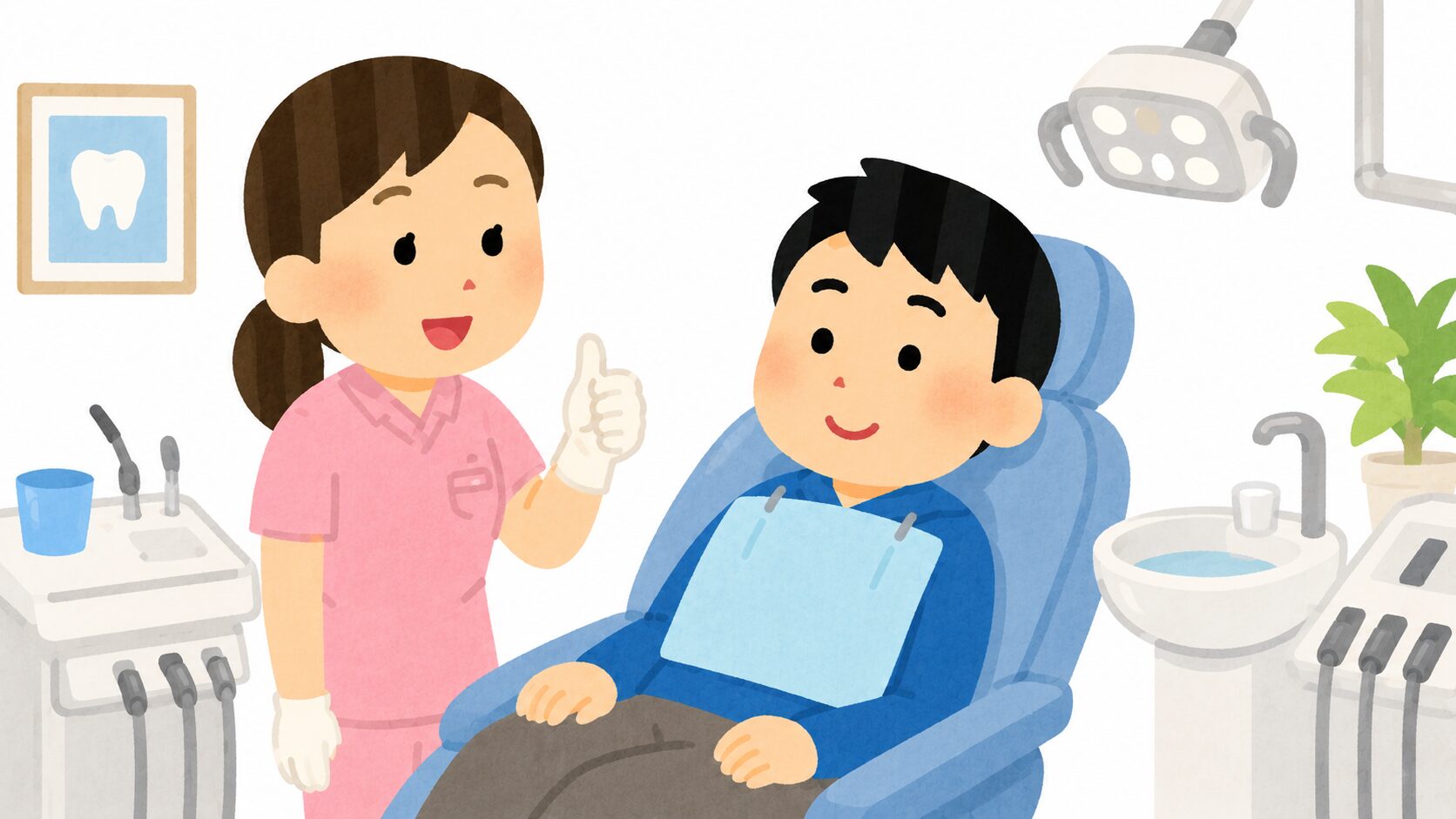 歯医者で落ち着いて診察を受ける男の子と優しい歯科衛生士のイラスト