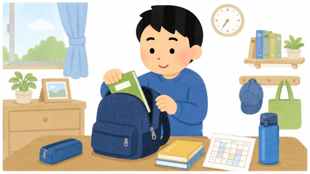 自分で学校の用意をする男の子のイラスト