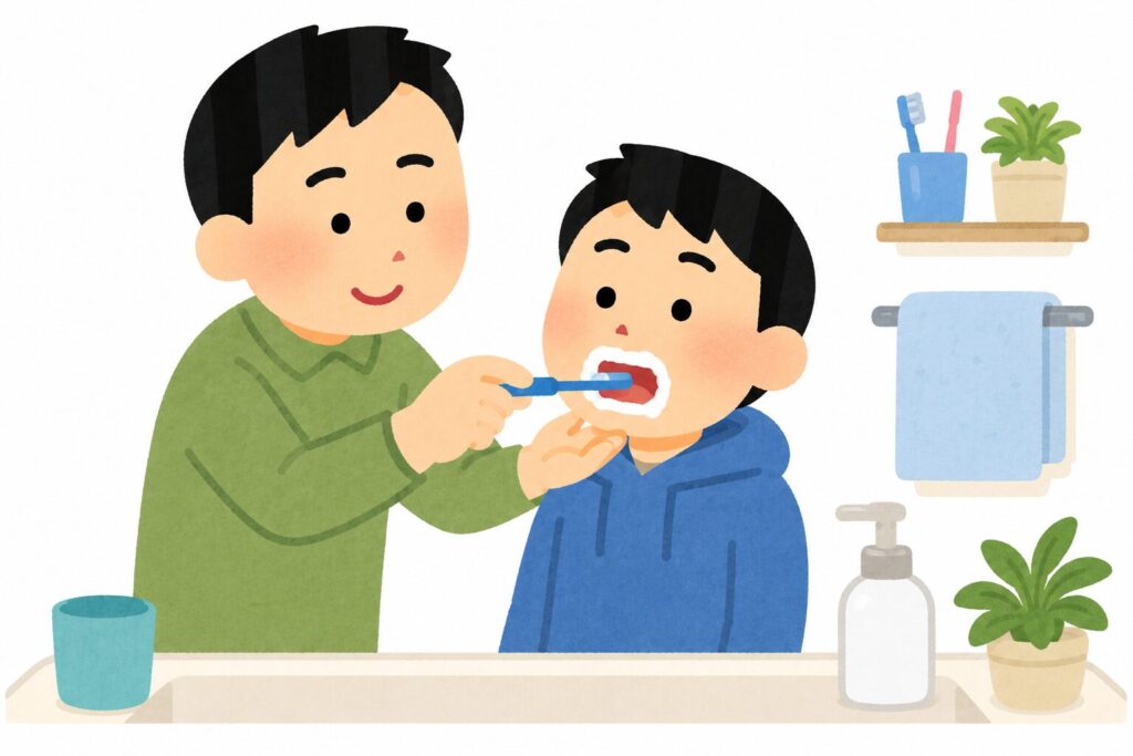 父が息子に仕上げ磨きをする毎日の習慣のイラスト