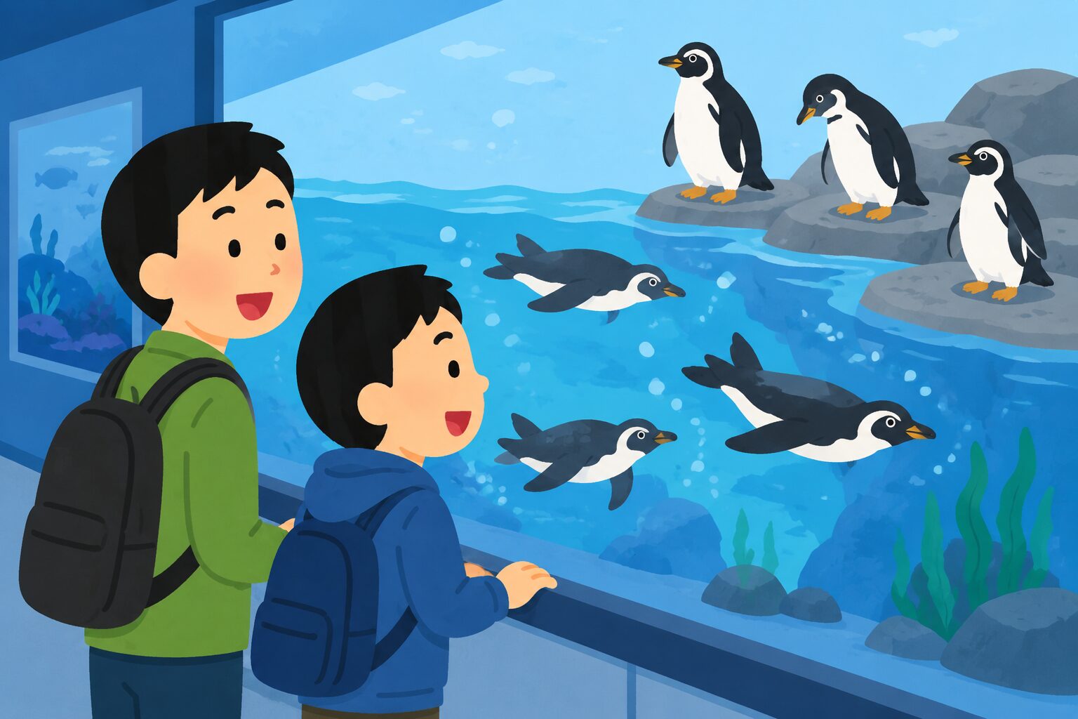 京都水族館でペンギンを見る親子のイラスト
