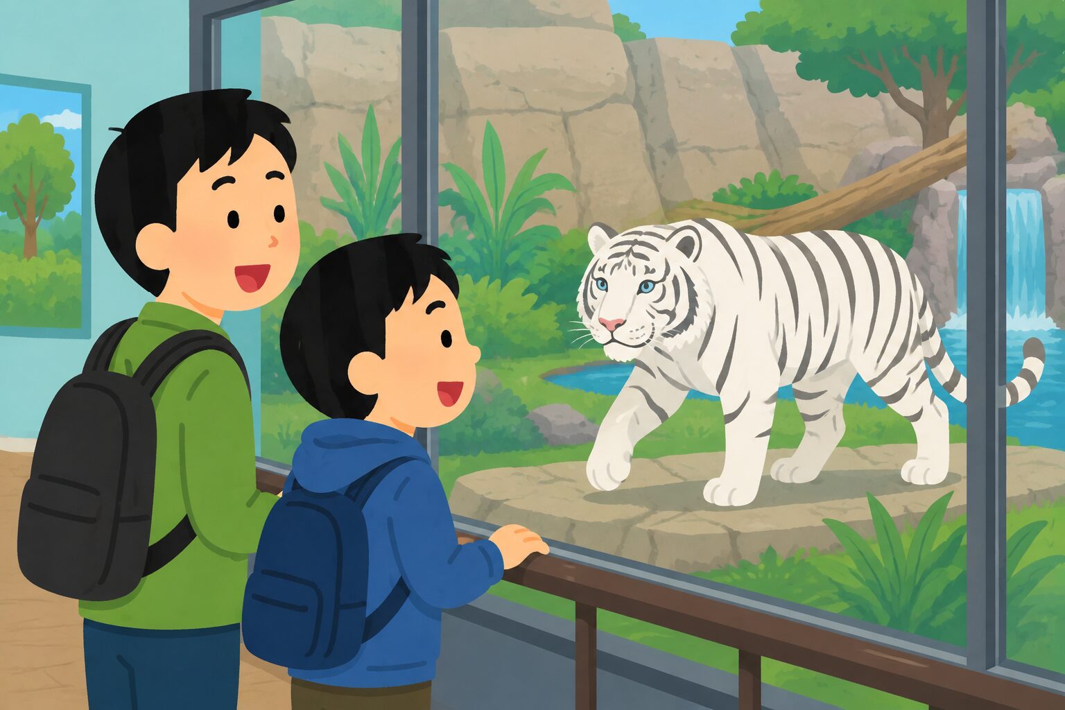 ニフレルでホワイトタイガーを見る親子のイラスト