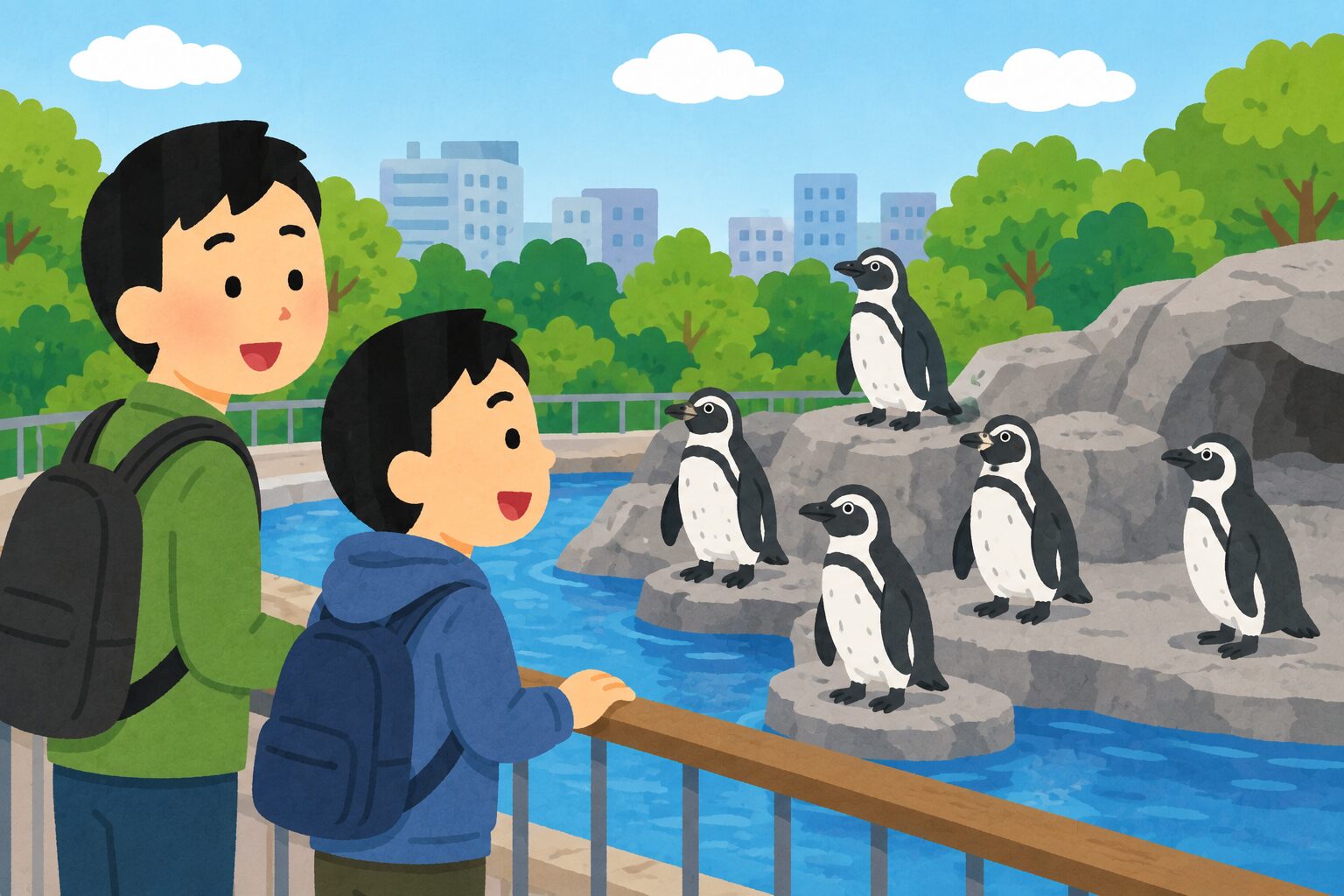 天王寺動物園でペンギンを見る親子のイラスト