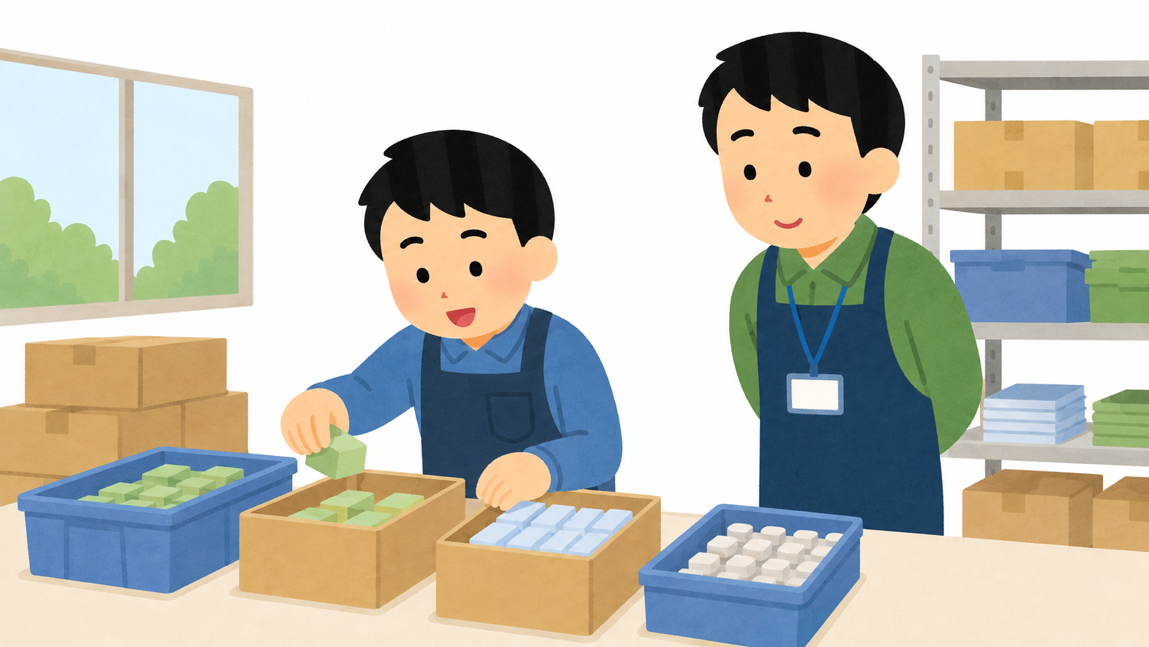 職場で仕分け作業をする男の子と、見守る職員のイラスト