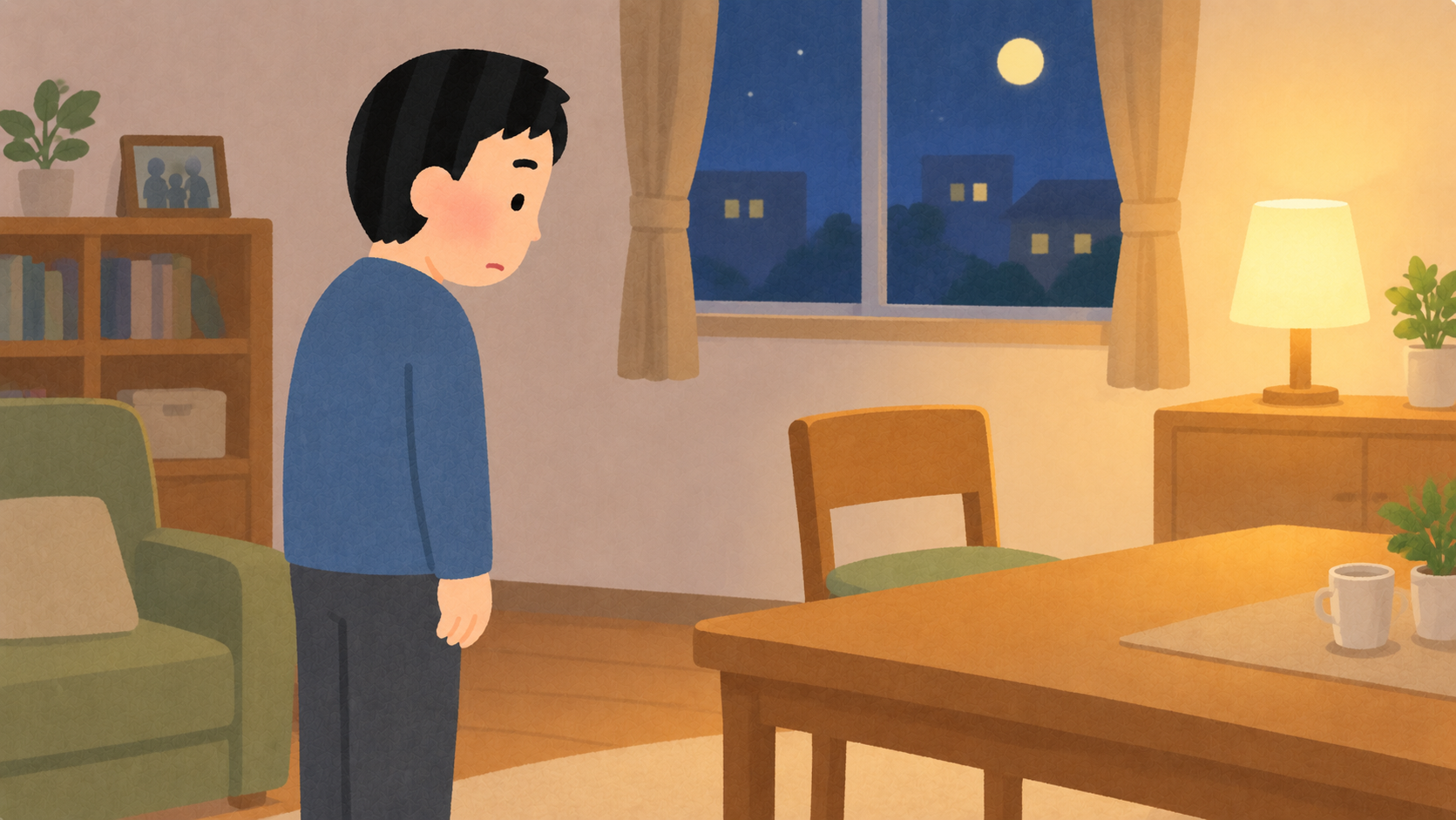 夜の静かなリビングで空いた椅子を見つめる父親のイラスト