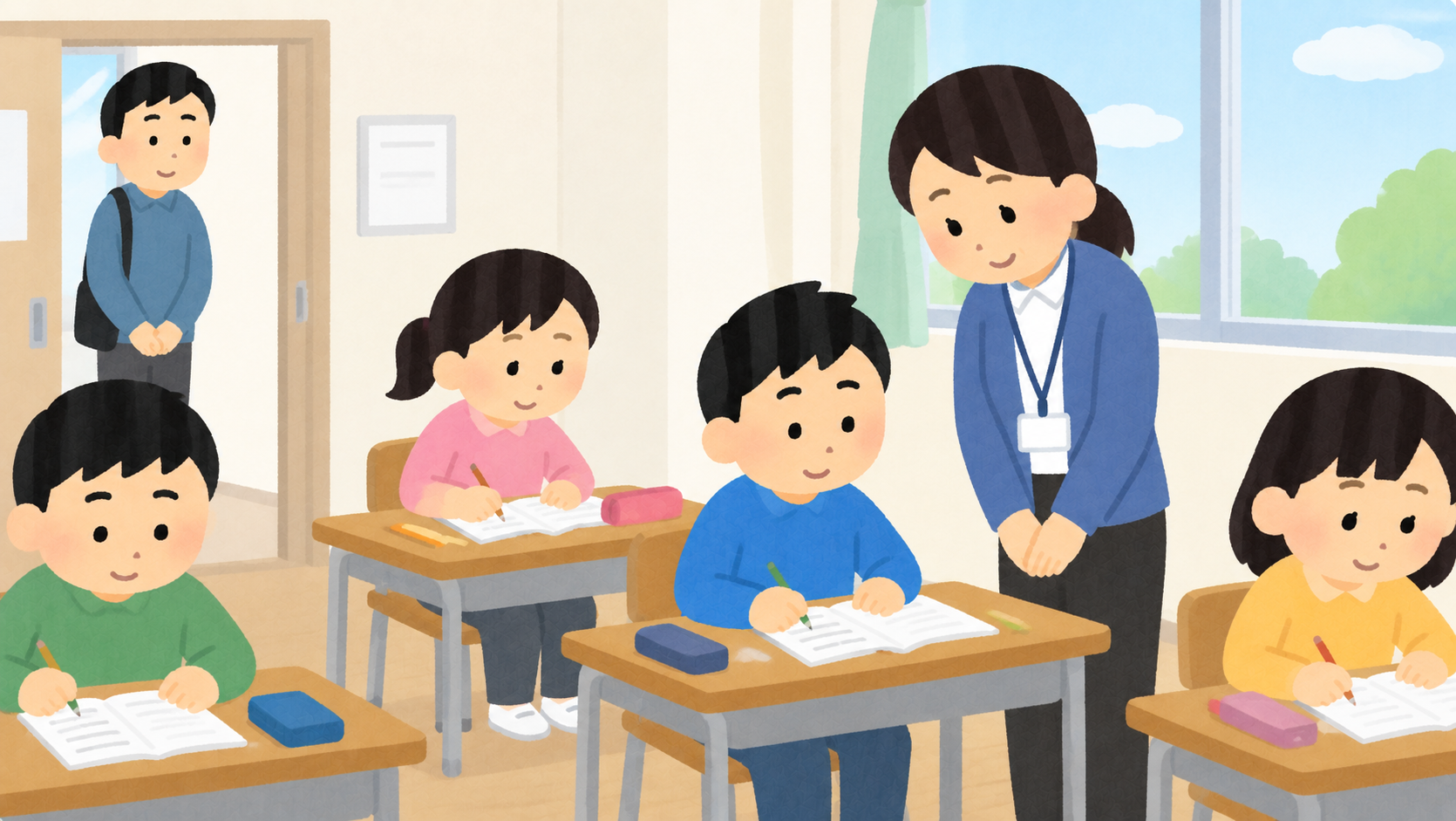少人数の教室を後ろから見学する保護者のイラスト