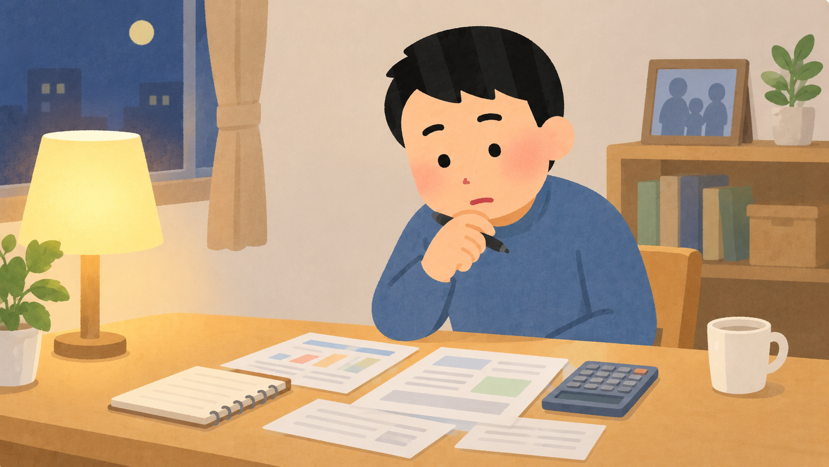 夜に書類を見ながら子の将来を考える父親のイラスト