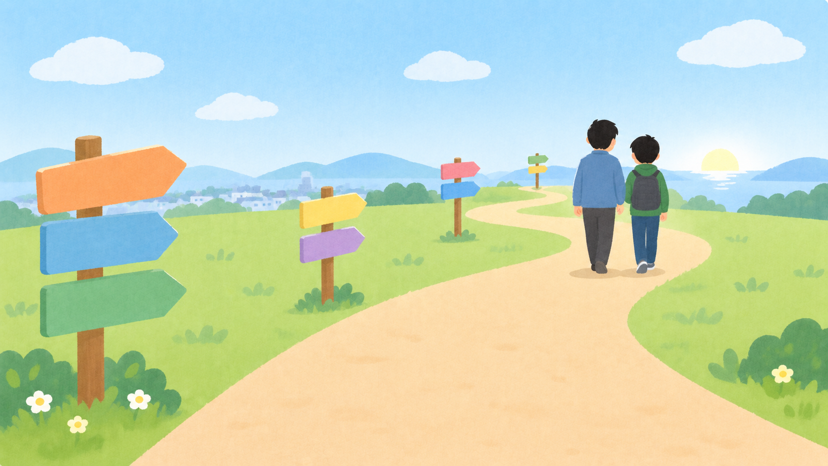 道しるべのある道を歩く父と息子のイラスト