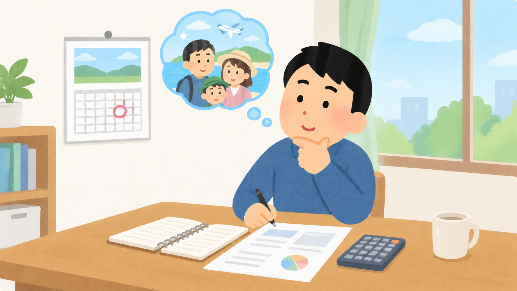 カレンダーと書類を前に将来の準備を考える父親のイラスト