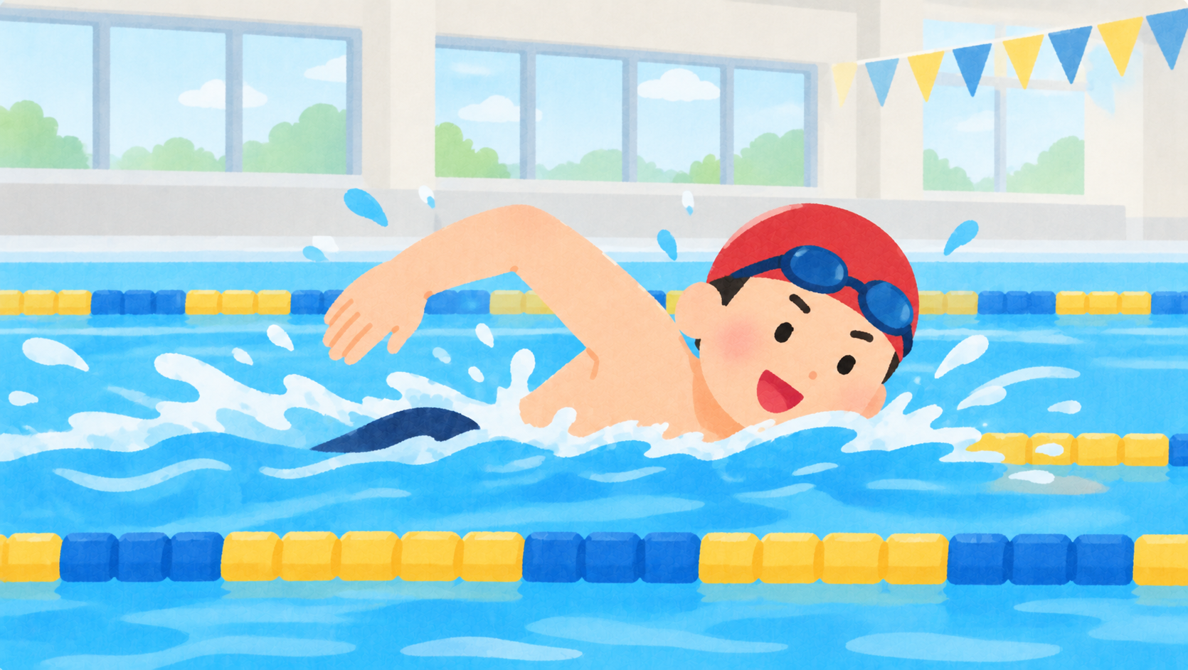 プールで力強く自由形を泳ぐ男の子のイラスト