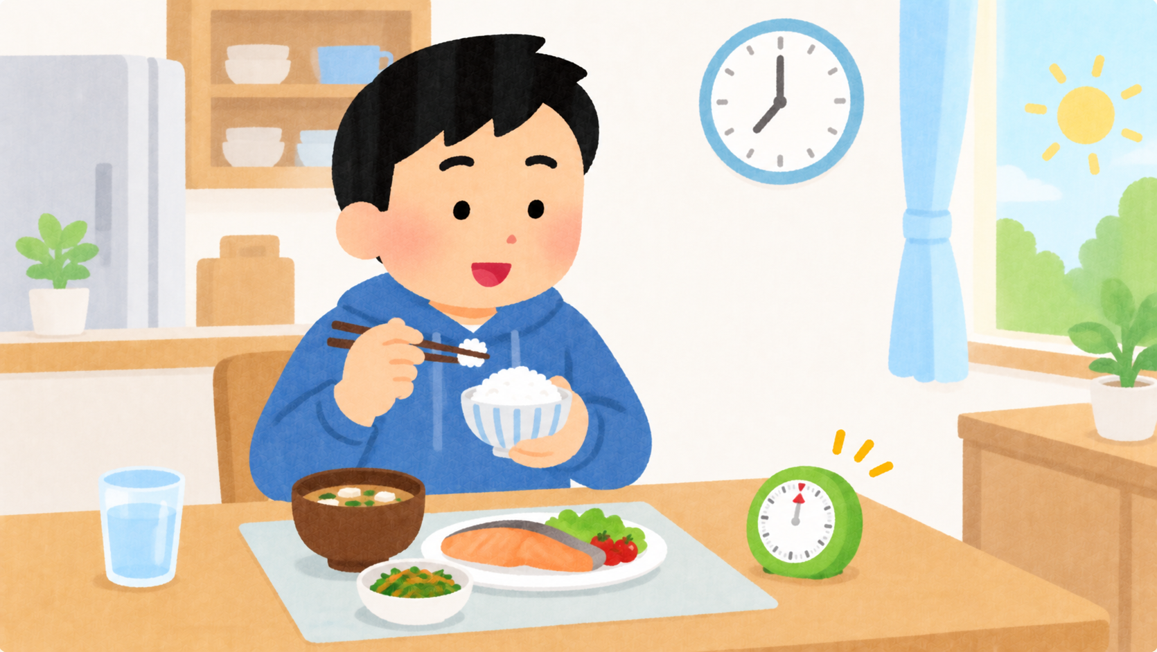朝ごはんの横にキッチンタイマーを置いて食べる男の子のイラスト