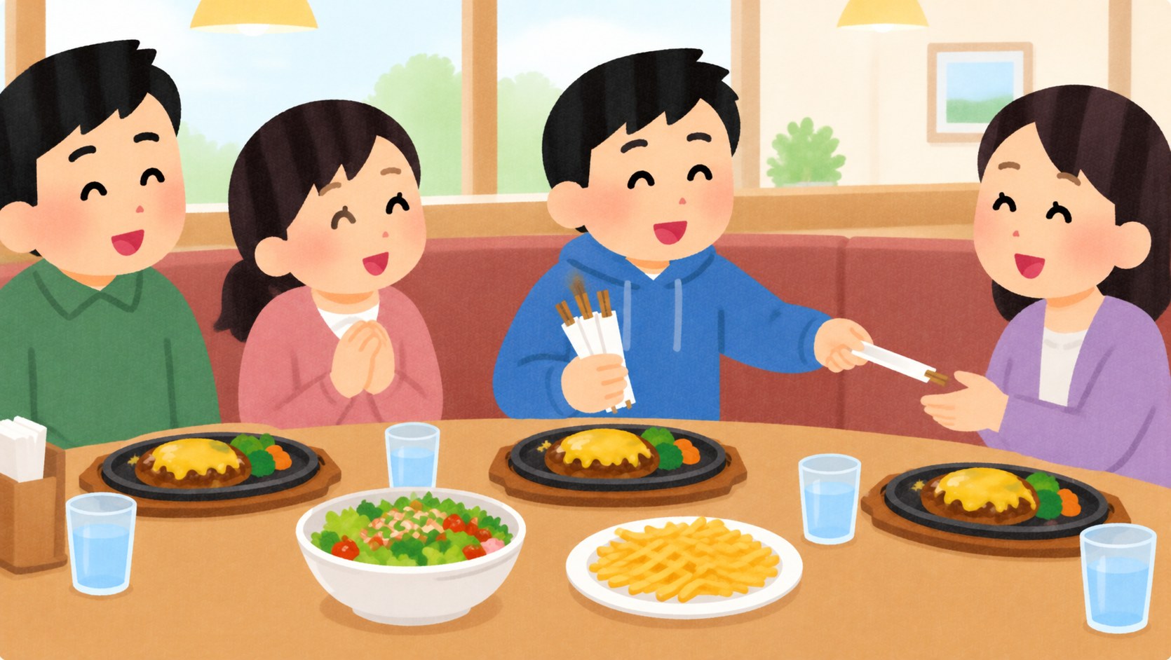 ファミリーレストランで家族にお箸を配る息子のイラスト