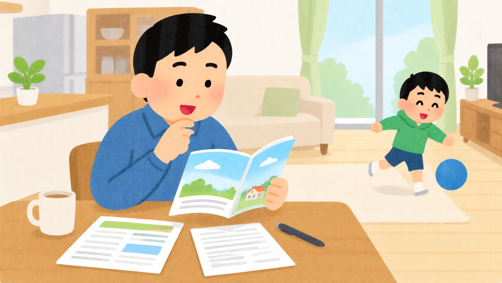 書類を見ながら考える父親と、ボールで遊ぶ子どものイラスト