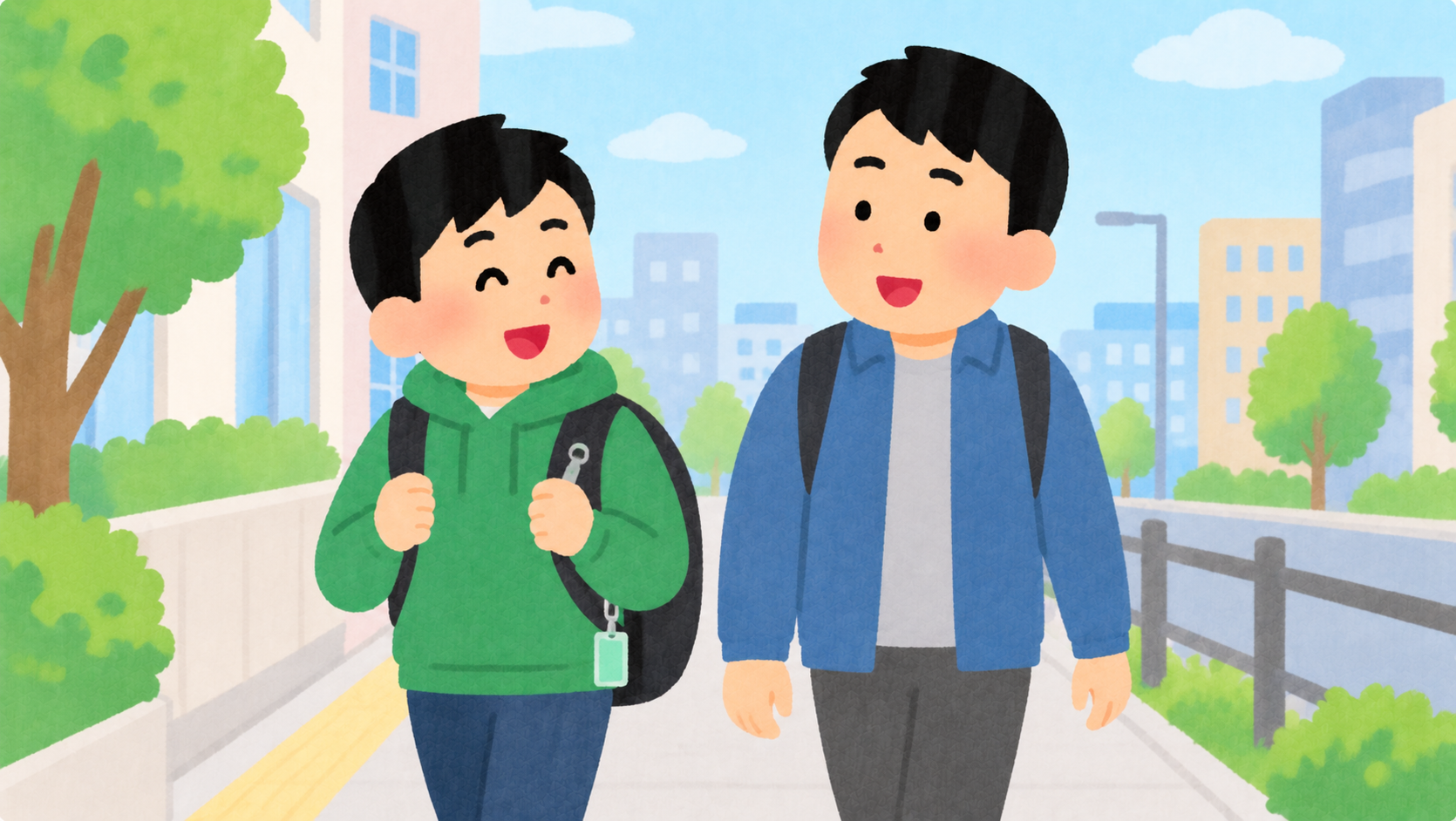 リュックにタグを付けて歩く男の子と父親のイラスト