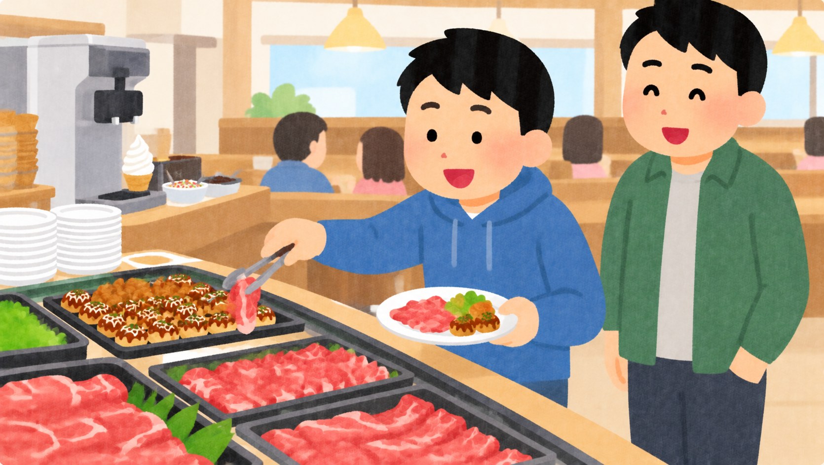 食べ放題でうれしそうに料理を選ぶ息子と見守る父のイラスト